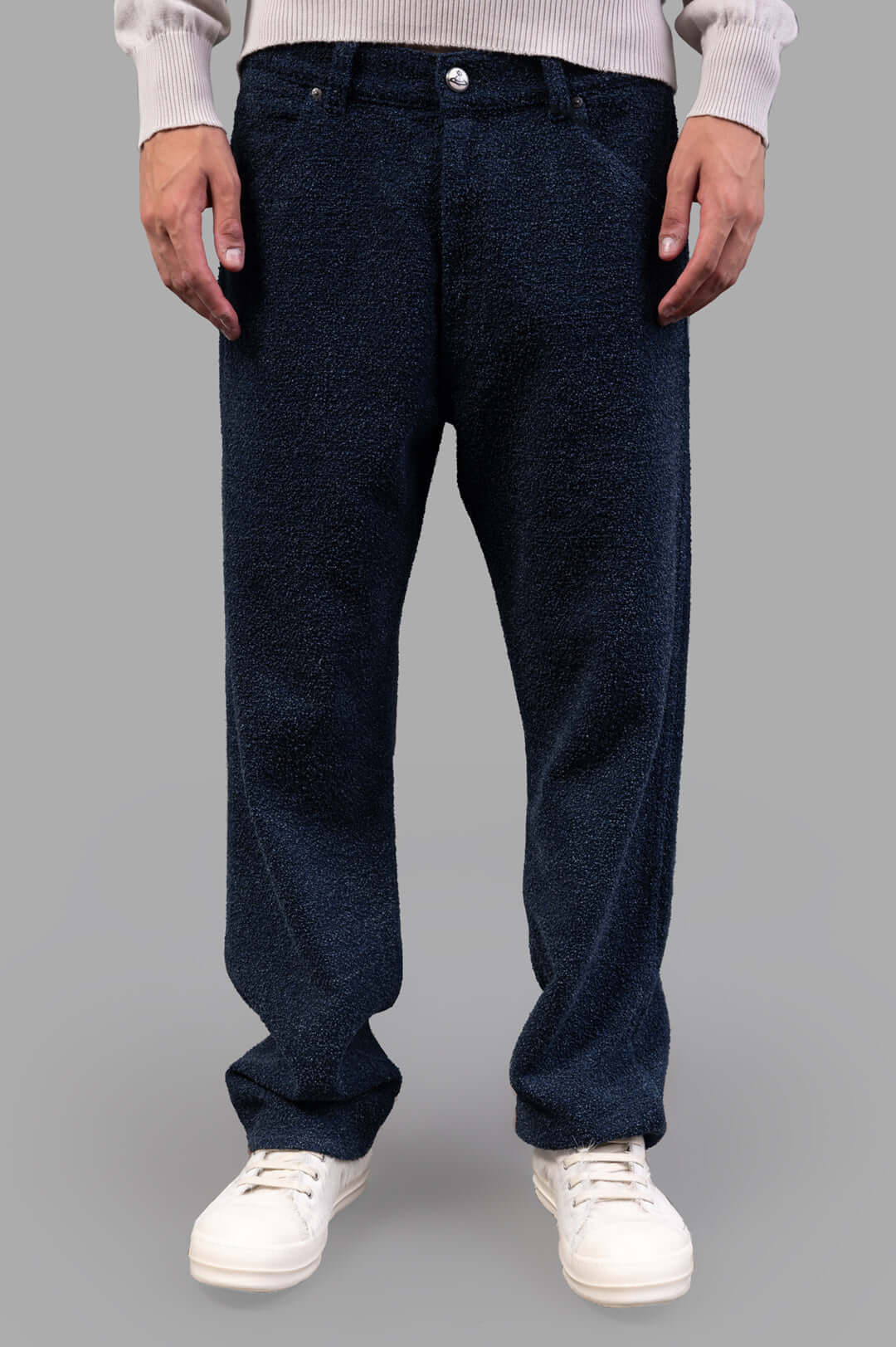 Vivienne Westwood Ranch Bouclé Wool Jeans in blue, featuring a straight-leg fit and textured bouclé wool, shown on a model.
