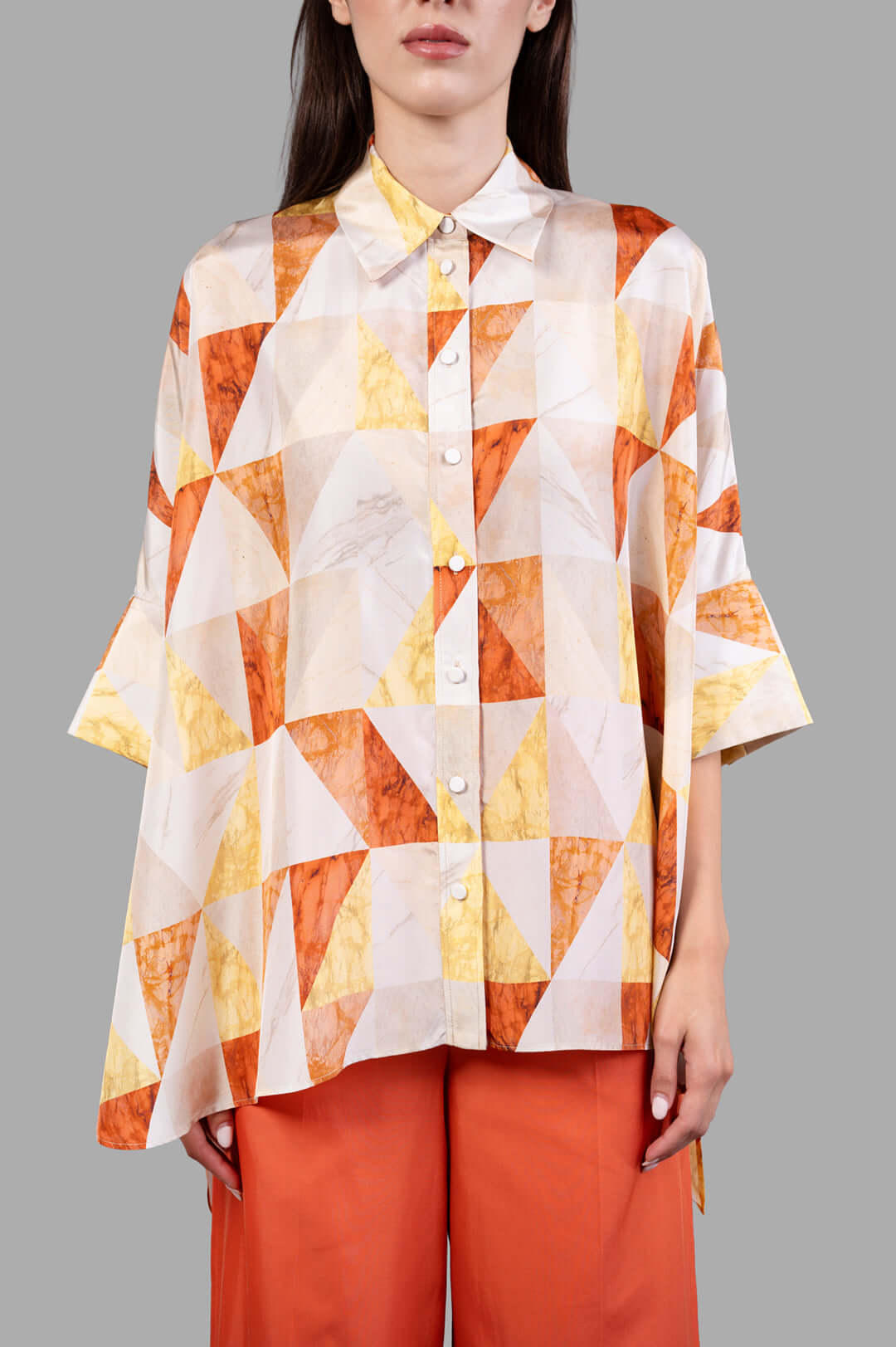 Joseph Arcole Marble-print Silk Shirt, featuring a colorful geometric pattern, viewed from the front on a model.