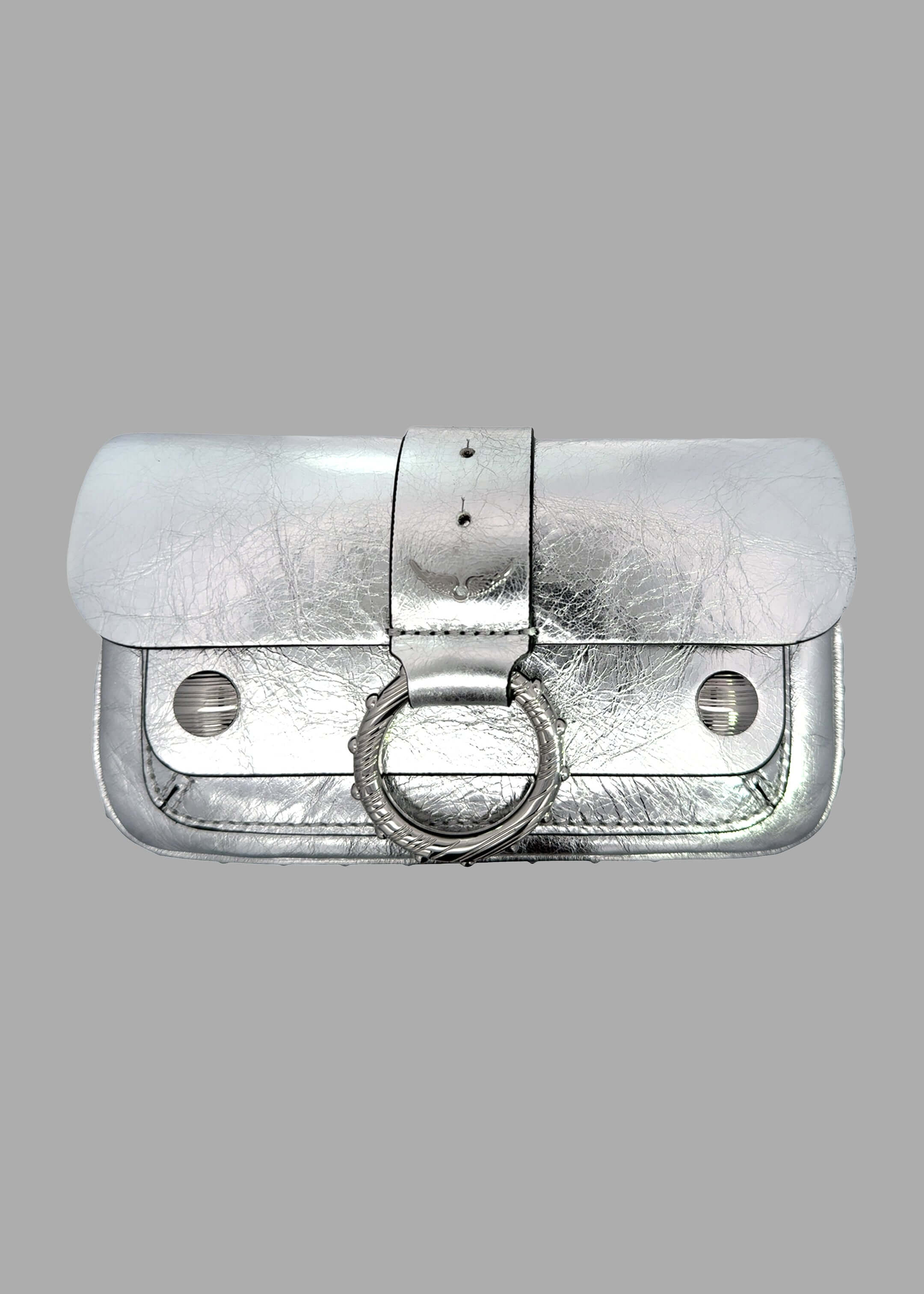 Zadig & Voltaire Kate Mini Bag in silver, featuring sleek silver-tone hardware and foldover top, front view.