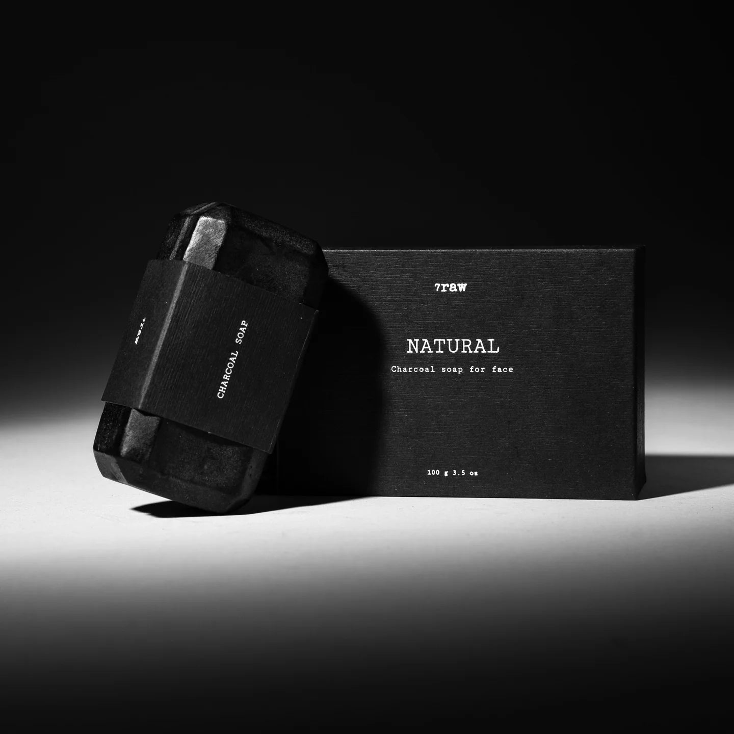 7Raw Natural Face Soap, therapy charcoal, front view with packaging, highlighting cleansing and detoxifying benefits.