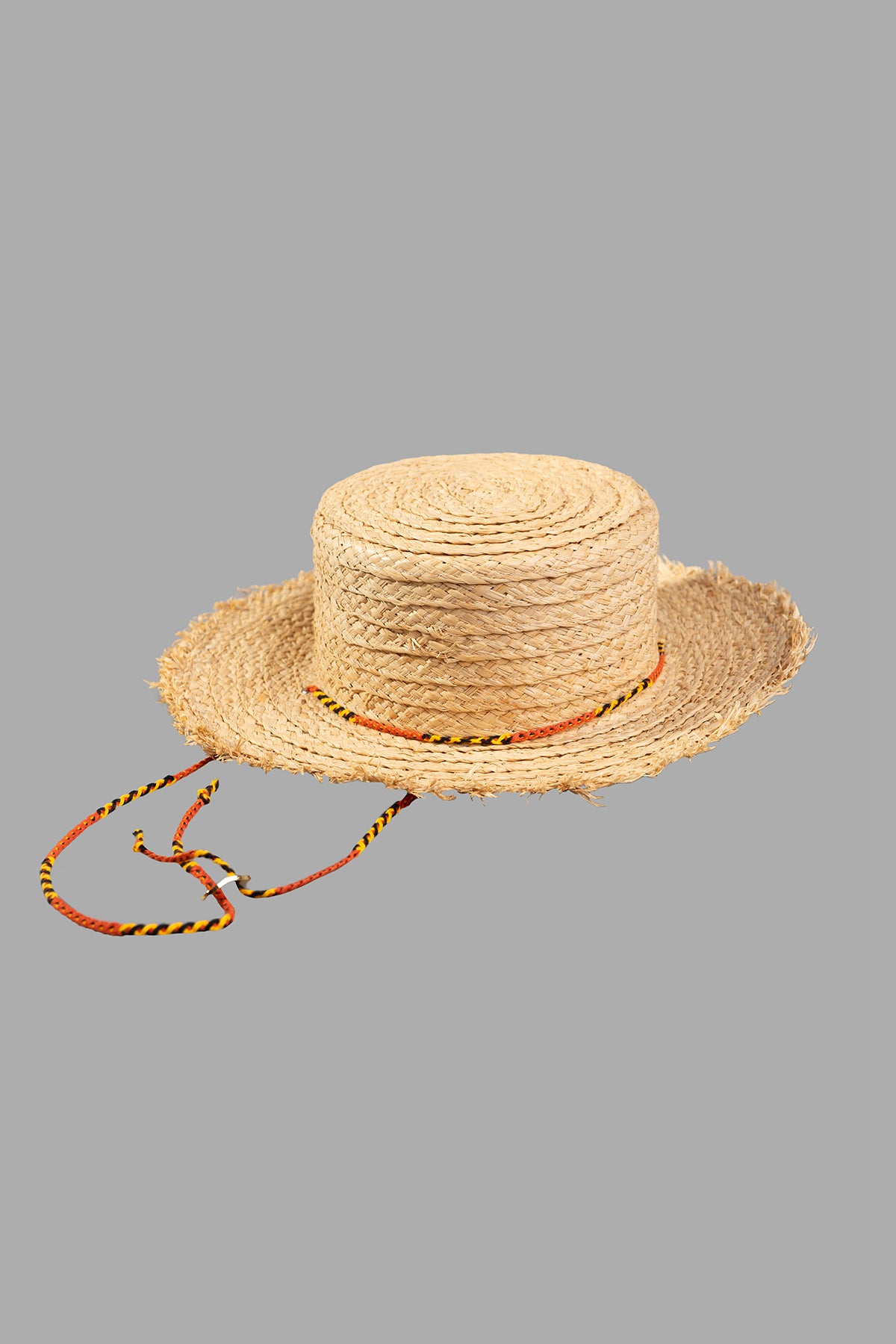 Kijima Takayuki Straw Boater Hat in beige, made from raffia, front view with colorful tie closure for a stylish look.