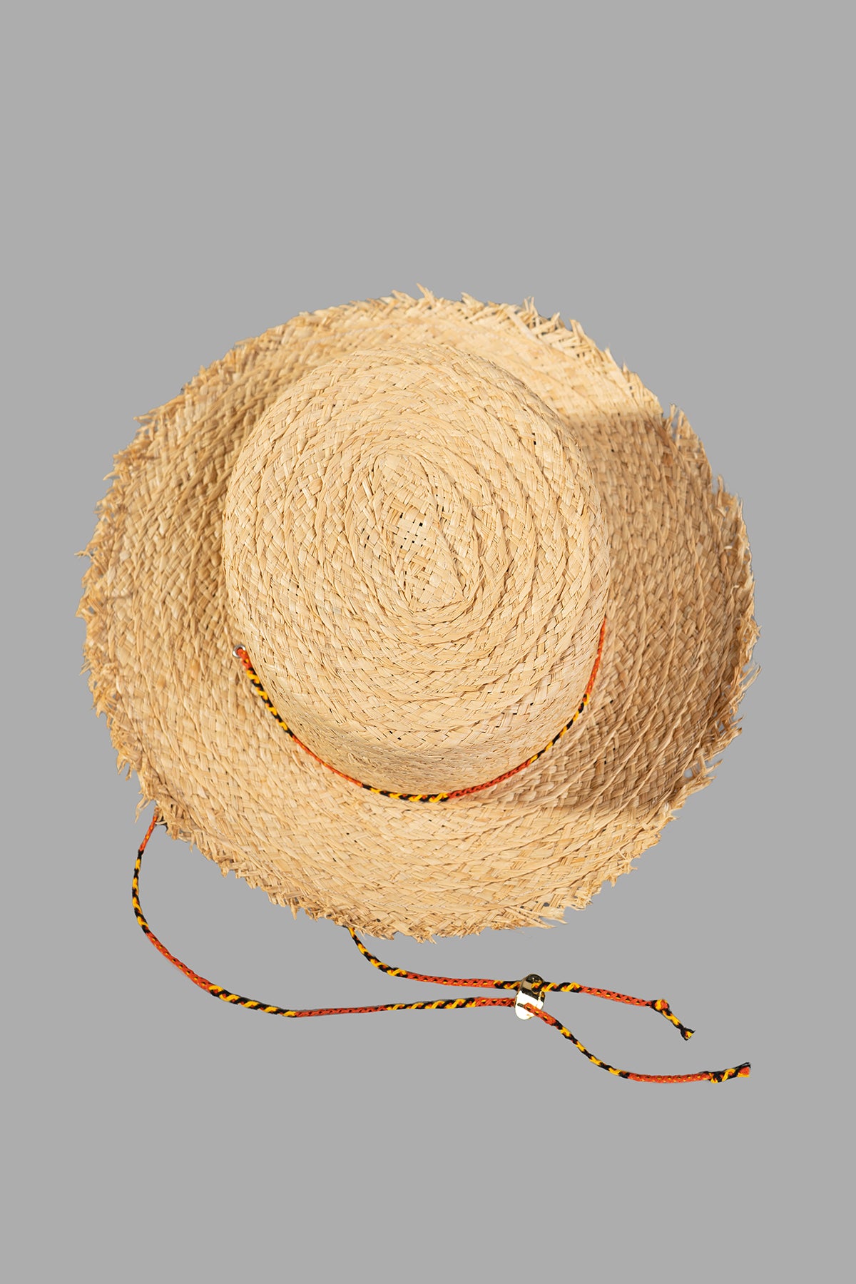 Kijima Takayuki Straw Boater Hat, beige raffia, top view showcasing frayed edges and colorful tie closure details.