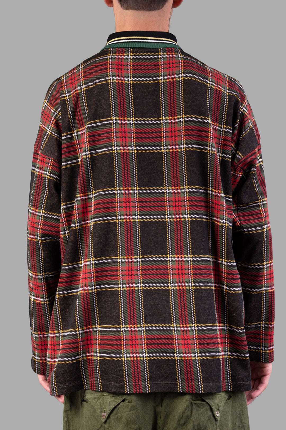 Vivienne Westwood Long-Sleeve Tartan Polo Shirt shown from the back, featuring a dark red and black tartan design.