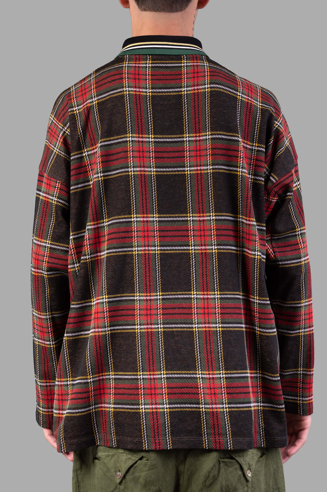 Vivienne Westwood Long-Sleeve Tartan Polo Shirt shown from the back, featuring a dark red and black tartan design.