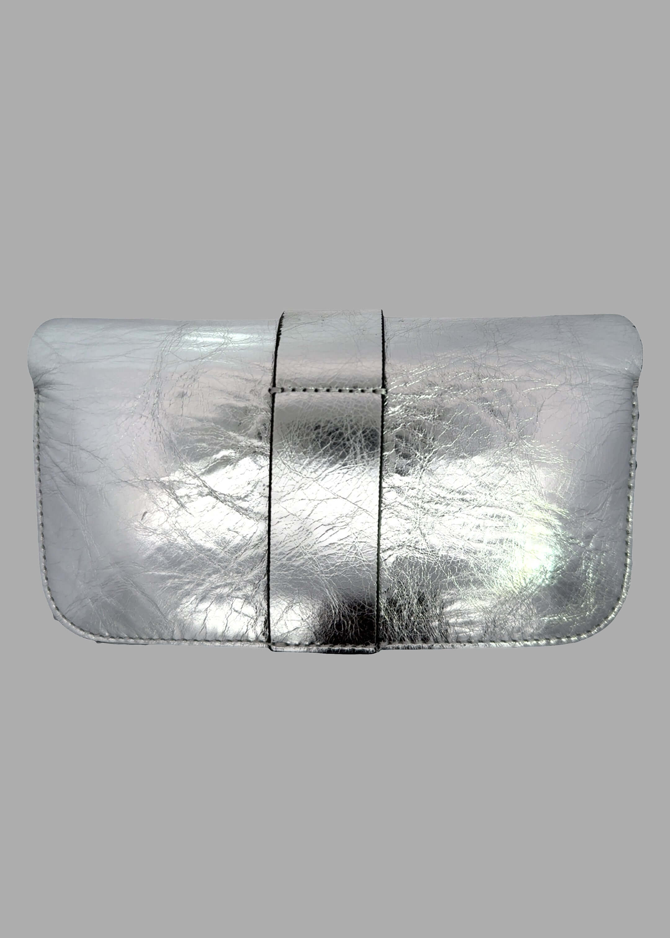 Zadig & Voltaire Kate Mini Bag in silver, showcasing the front with a sleek foldover top and magnetic closure.