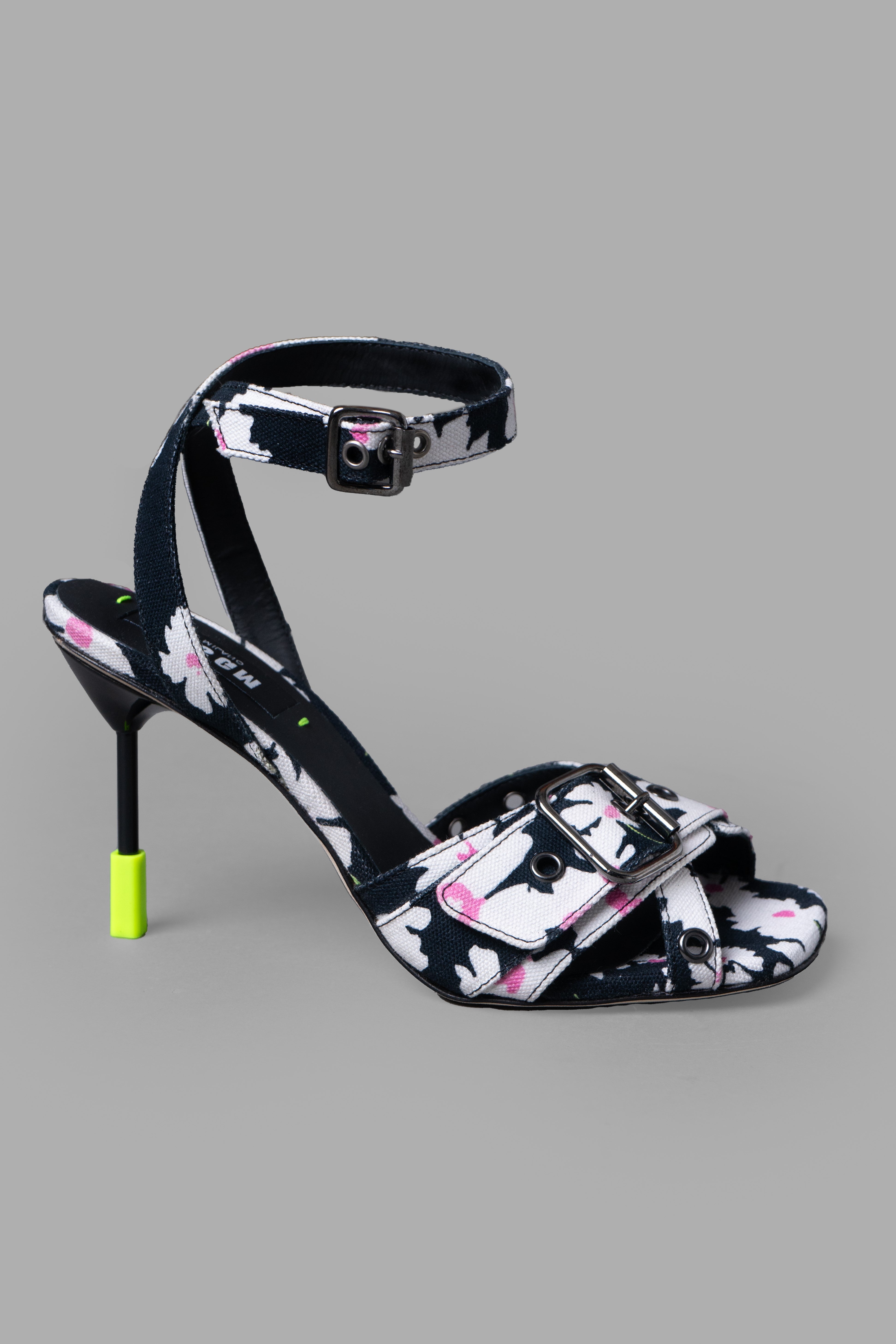 MSGM Floral-print Sandals, side view with crossover strap, stiletto heel, and buckle-fastening in black floral cotton.