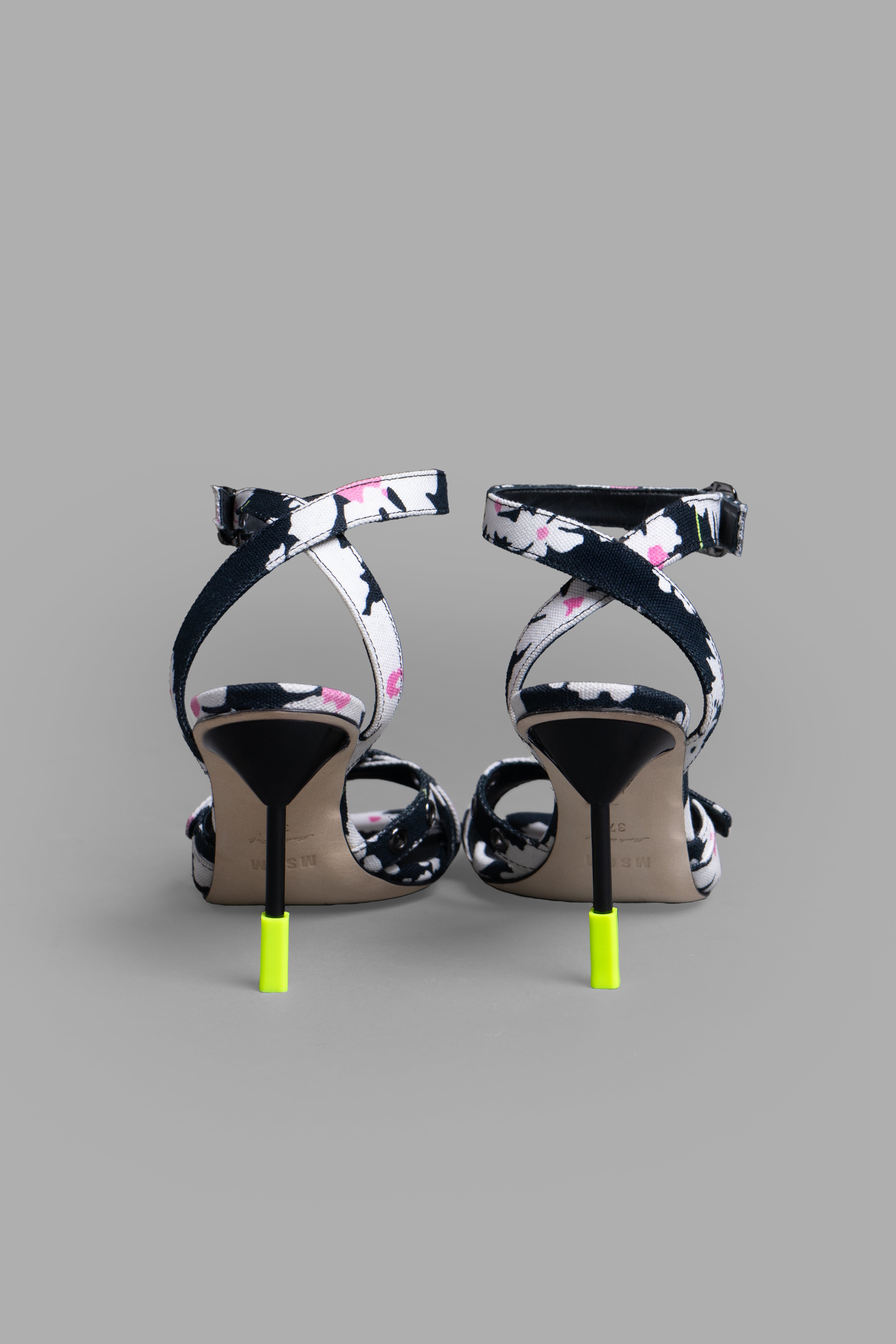 MSGM Floral-print Sandals featuring an open-toe design, crossover straps, and 105mm stiletto heel in black print.