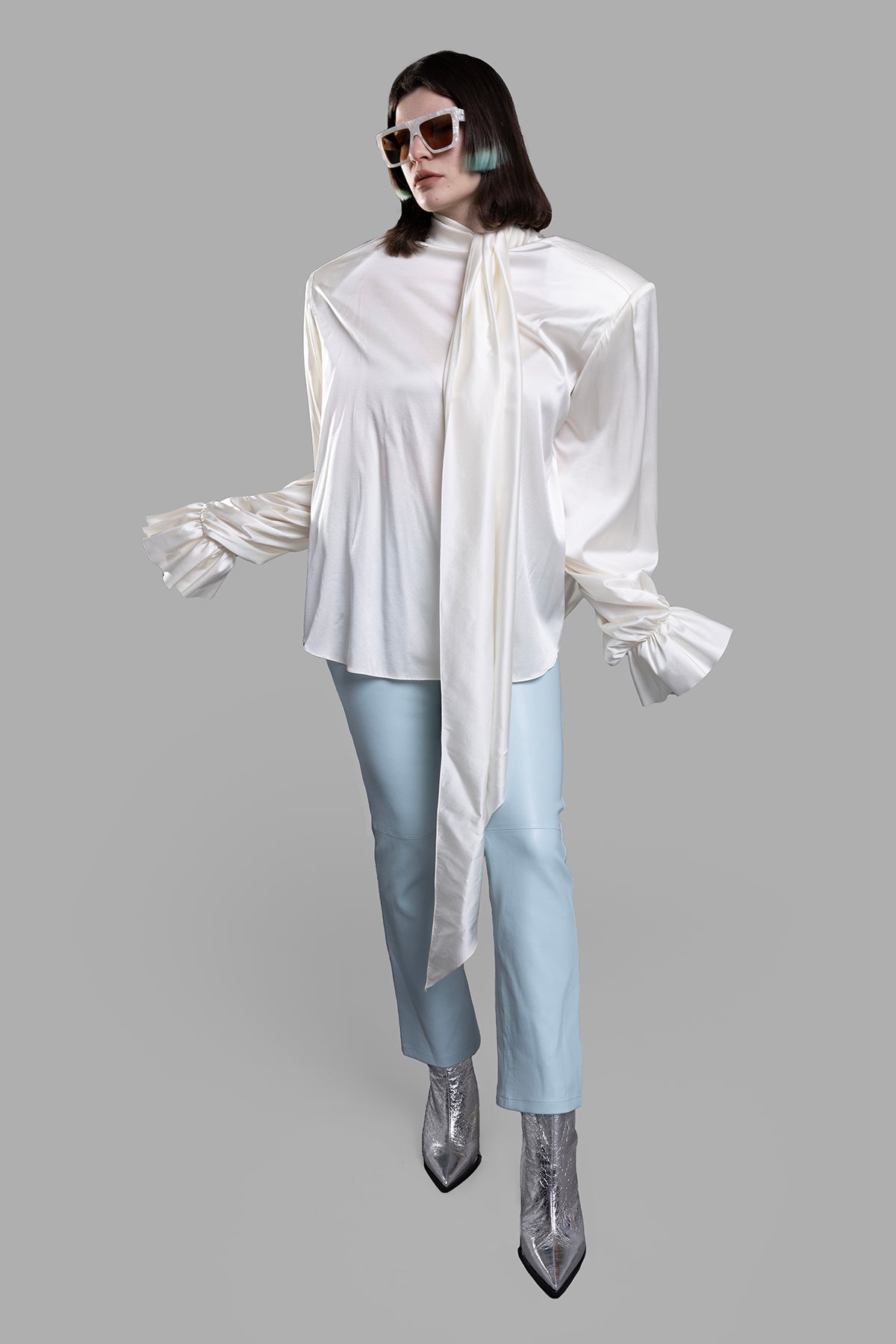 Joseph Straight-leg Leather Trousers in Pastel Blue, front view on model, high waist, classic pockets, 100% leather.