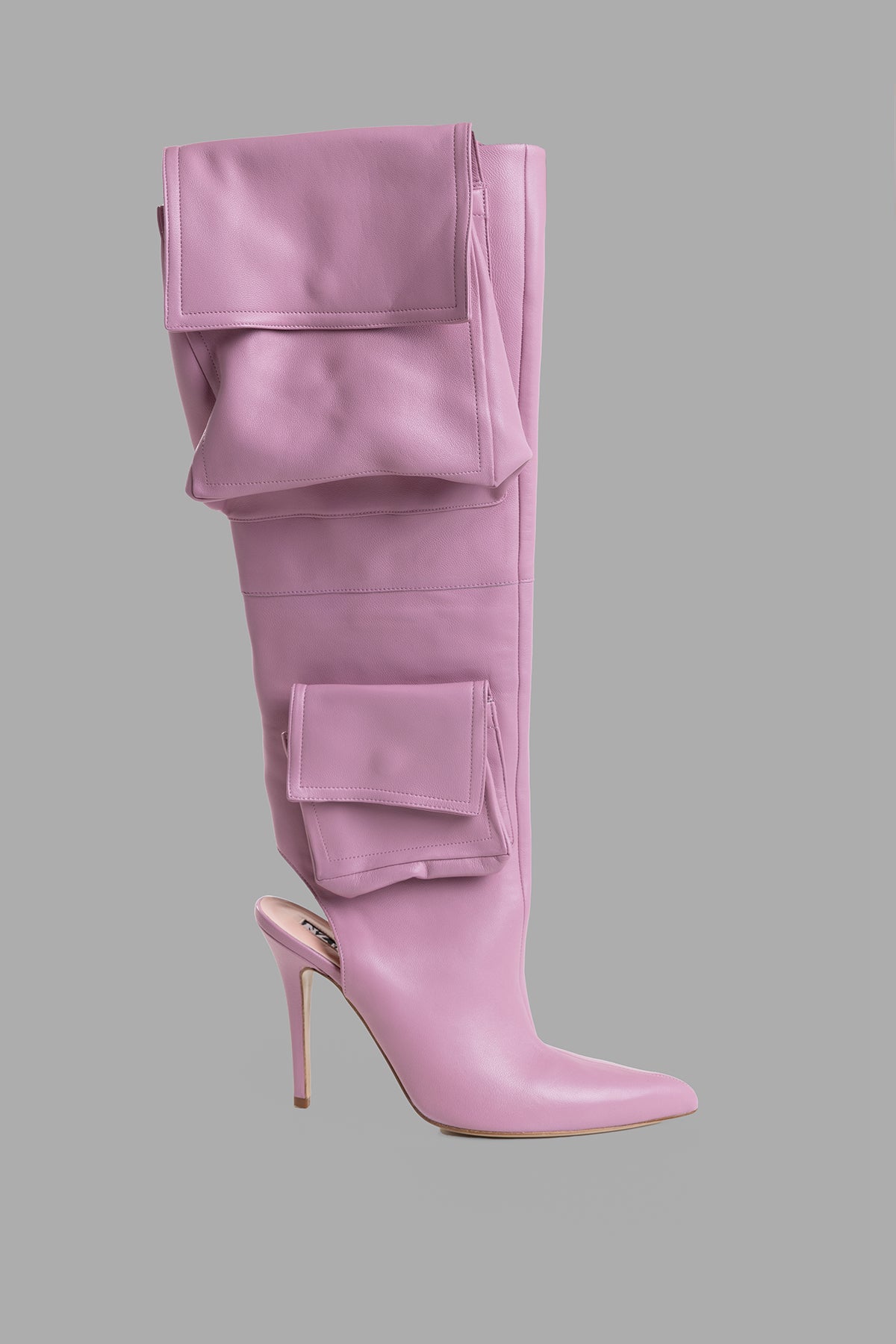 Natasha Zinko Cargo Knee Boots in pink, side view highlighting unique pocket detail and stiletto heel.