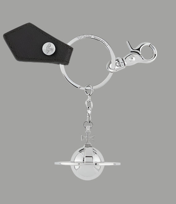Vivienne Westwood 3D Orb Keyring front view, silver-tone orb charm with ring, lobster clasp and black leather tag.
