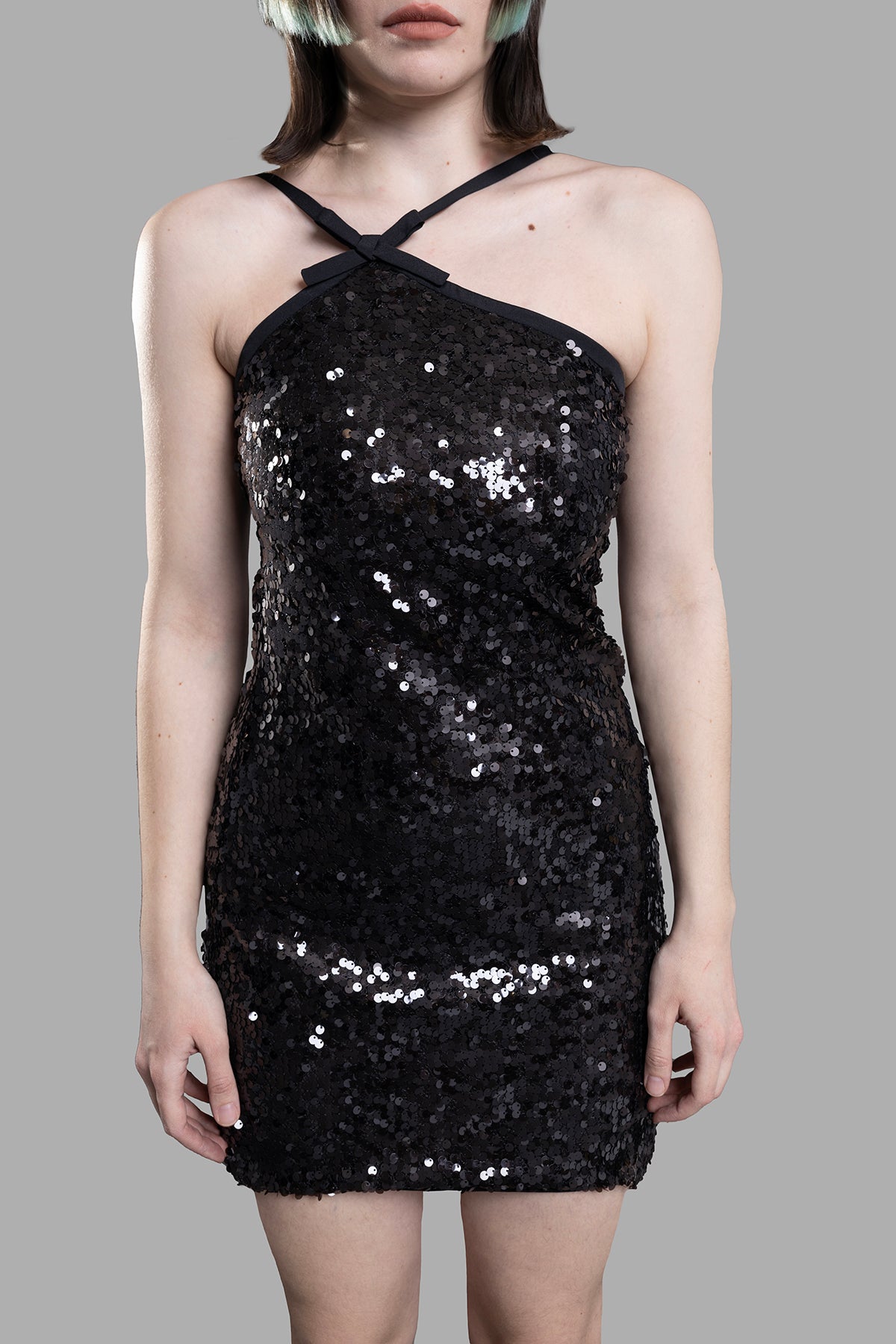 MSGM. Sequin-embellished Dress with intricate detailing and bow, featuring a halter neckline and body-hugging fit. Black.