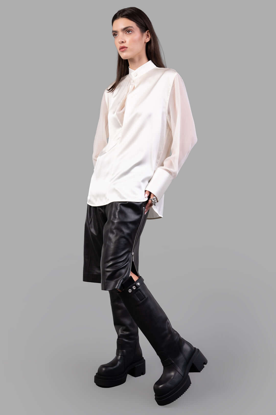 Helmut Lang Relaxed Cowl Shirt in ivory silk, front view on model, featuring sheer chiffon sleeves and draped cowl neckline.