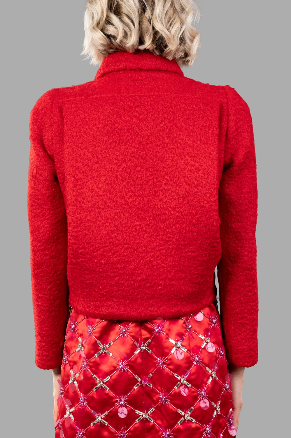 DES PHEMMES Fitted Hunter Jacket, red cropped coat with rounded collar and textured fabric, shown from the back.