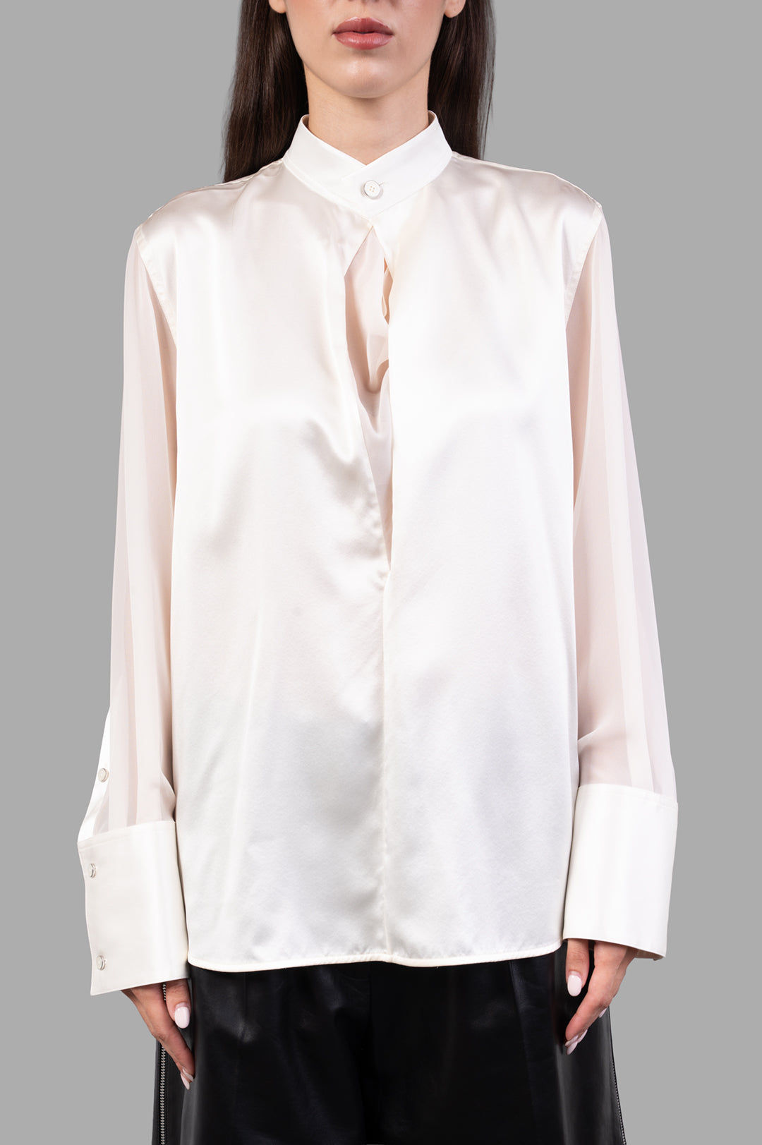 Helmut Lang Relaxed Cowl Shirt showcases a draped chiffon neckline and sheer sleeves in luxurious ivory silk.