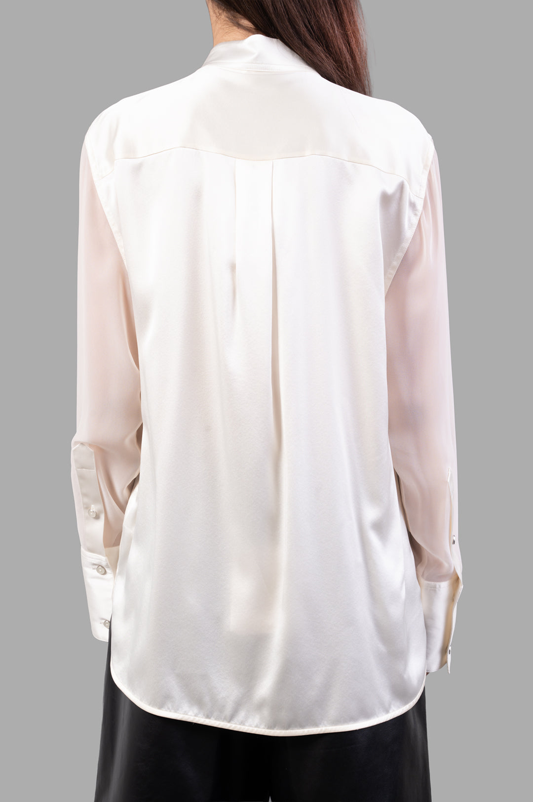 Helmut Lang Relaxed Cowl Shirt featuring a silky back view with sheer sleeves and elegant draped cowl neckline in ivory.