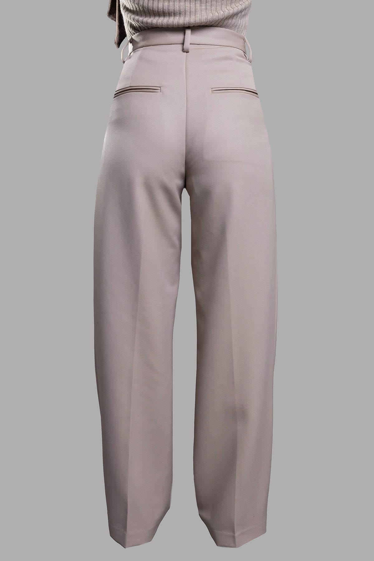 Anine Bing Pleated Taupe Pants, showcasing the back with double-pleated detailing and sleek back welt pockets.