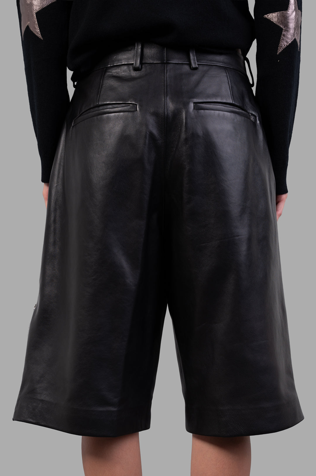 Helmut Lang Leather Zoot Shorts, black knee-length leather shorts featuring wide legs and back pockets, showcased from the.