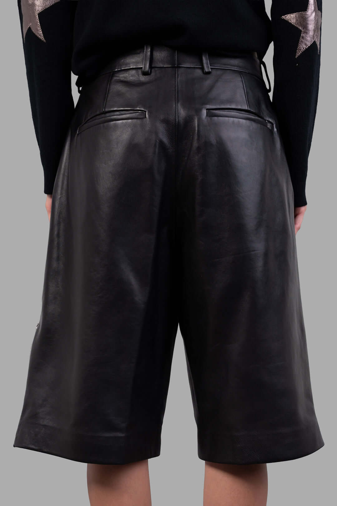 Helmut Lang Leather Zoot Shorts, black knee-length leather shorts featuring wide legs and back pockets, showcased from the.