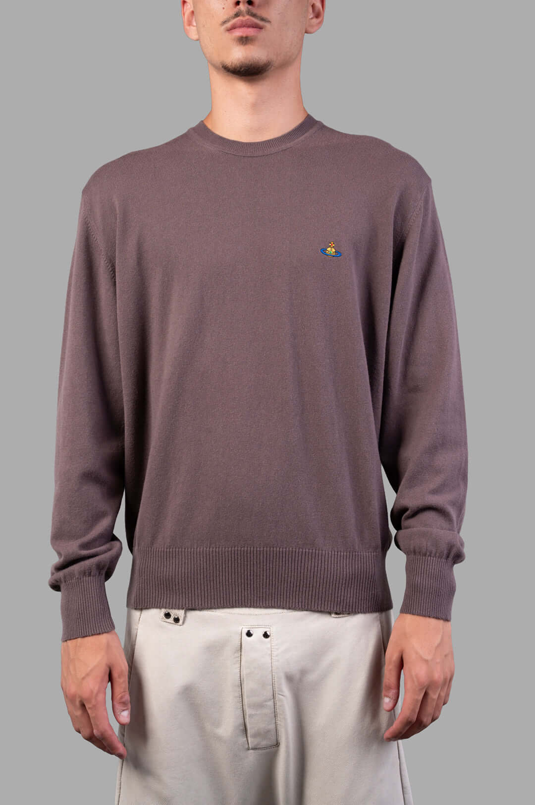 Vivienne Westwood Orb-embroidered Jumper in truffle with rib-knit details, showcasing logo at chest on model.