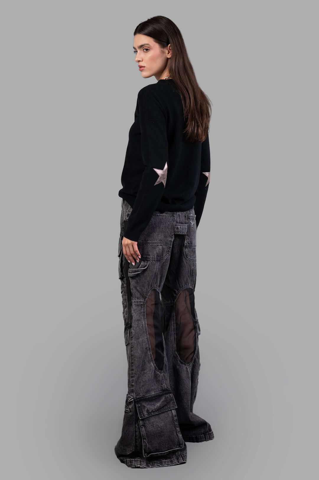 Zadig & Voltaire Star-patch Knitted Jumper, back view, fine cashmere, long slit sleeves, star detail, black.