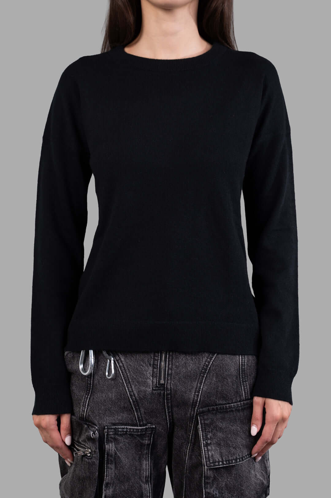 Zadig & Voltaire Star-patch Knitted Jumper in black, featuring a round neck and modern long slit sleeves on model.