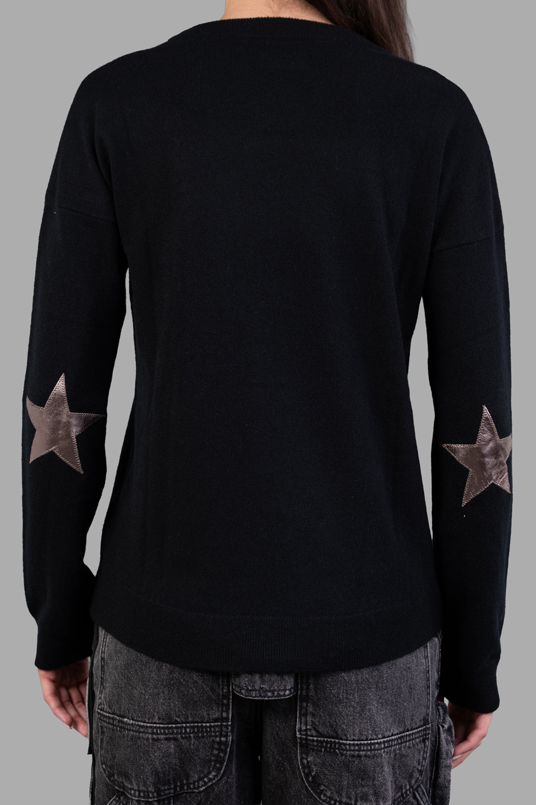 Zadig & Voltaire Star-patch Knitted Jumper, black cashmere sweater showing back view with star patch detail and long sleeves.