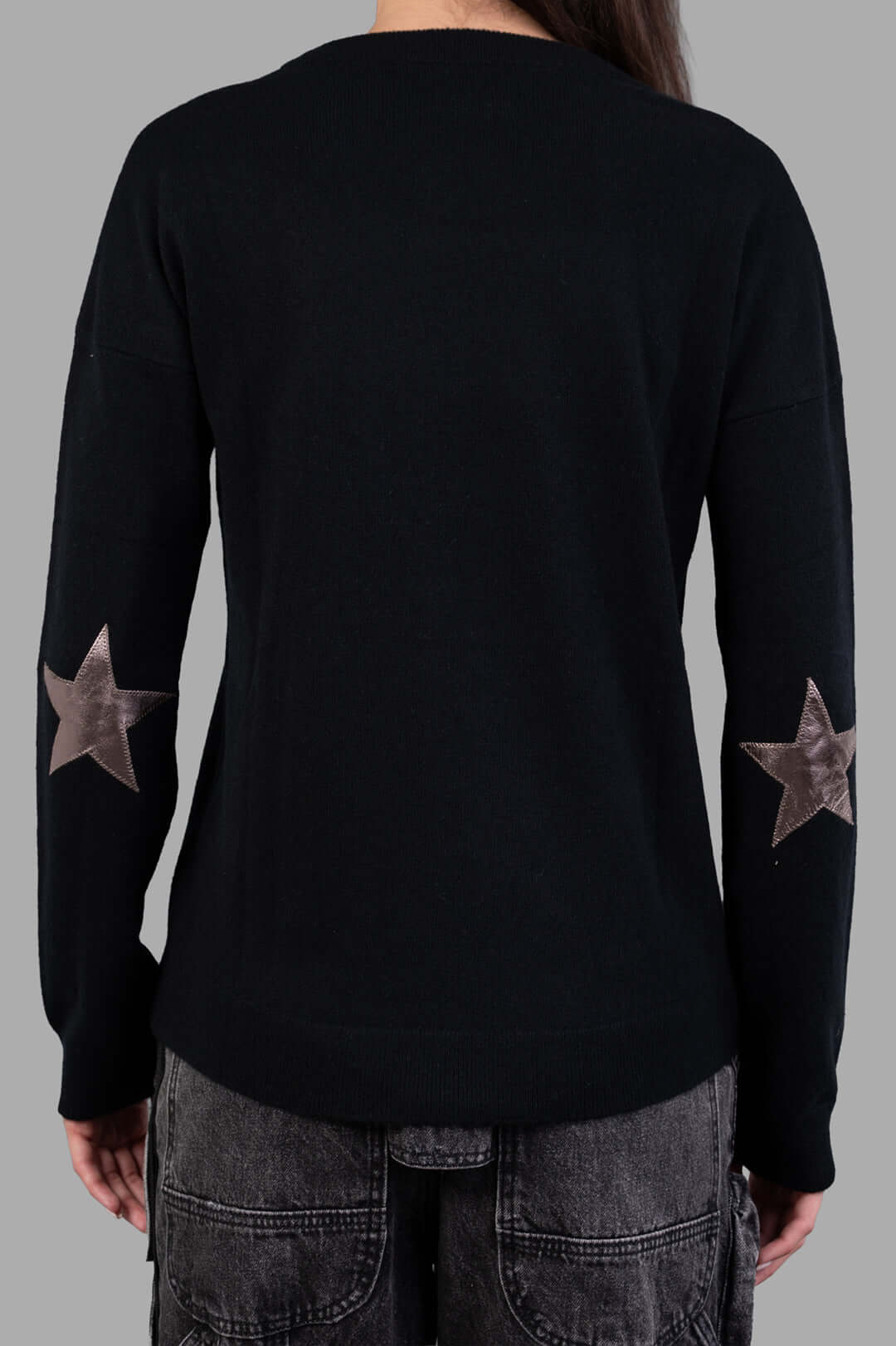 Zadig & Voltaire Star-patch Knitted Jumper, black cashmere sweater showing back view with star patch detail and long sleeves.
