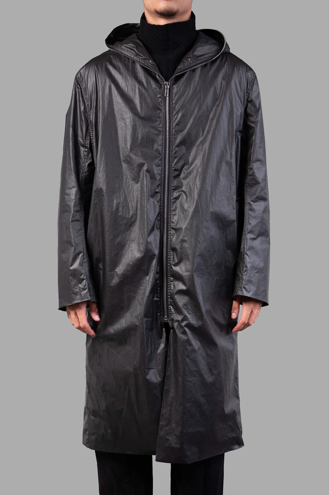Rick Owens Concordians Gimp Mac in Black, showcasing a front view with a zipped closure and large hood, crafted from lightweight fabric.