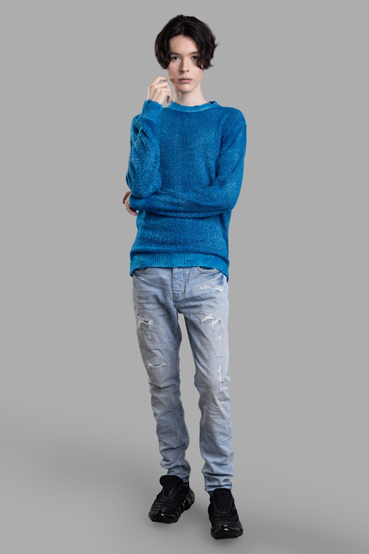 Avant Toi Blue Sweater front view on-model, featuring a relaxed fit and vibrant texture. Image 1 of the product series.