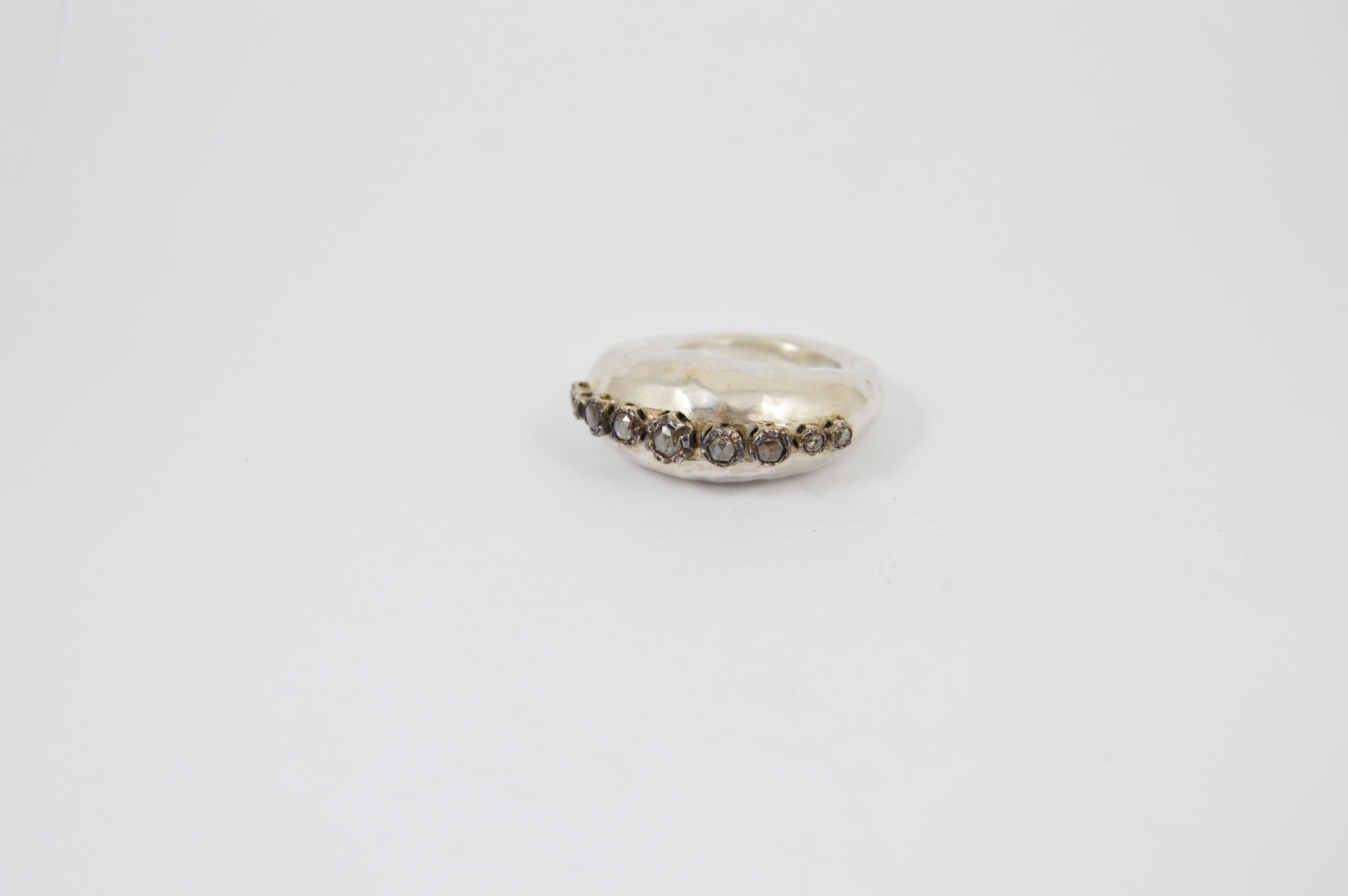 Rosa Maria Arghavan Ring, silver band with side view detailing dark stones, minimalist and elegant design.
