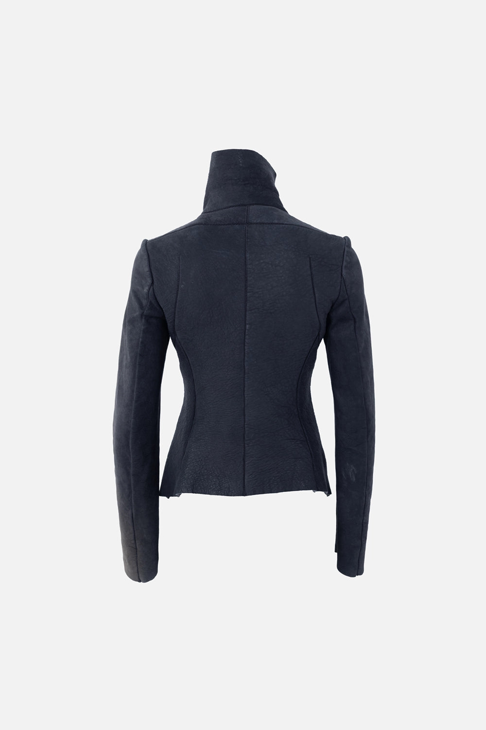 Pre-owned Isaac Sellam women's leather jacket in black, back view, fitted silhouette with center seam