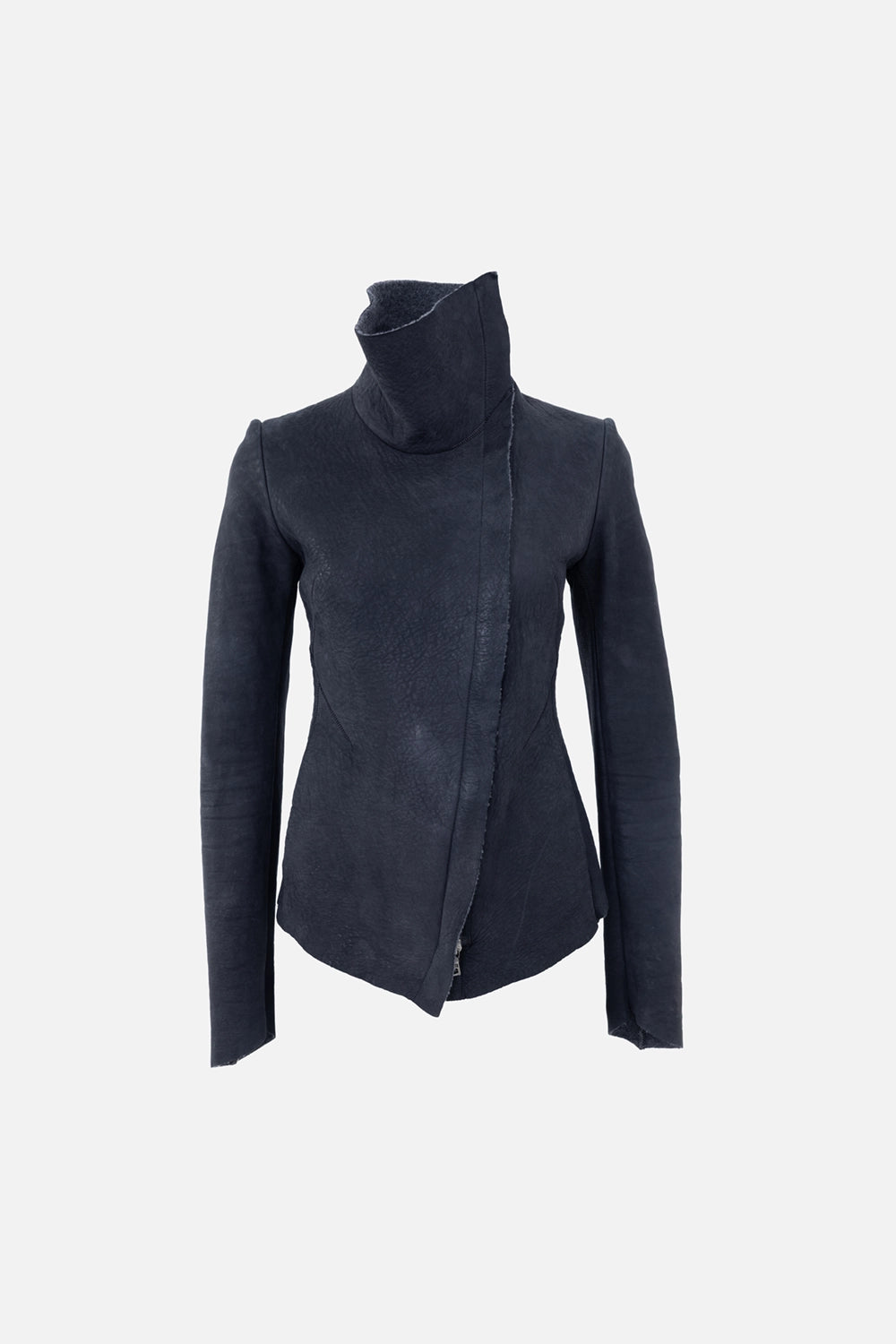 Pre-owned Isaac Sellam women's leather jacket in black, front view, asymmetric zip closure with high collar