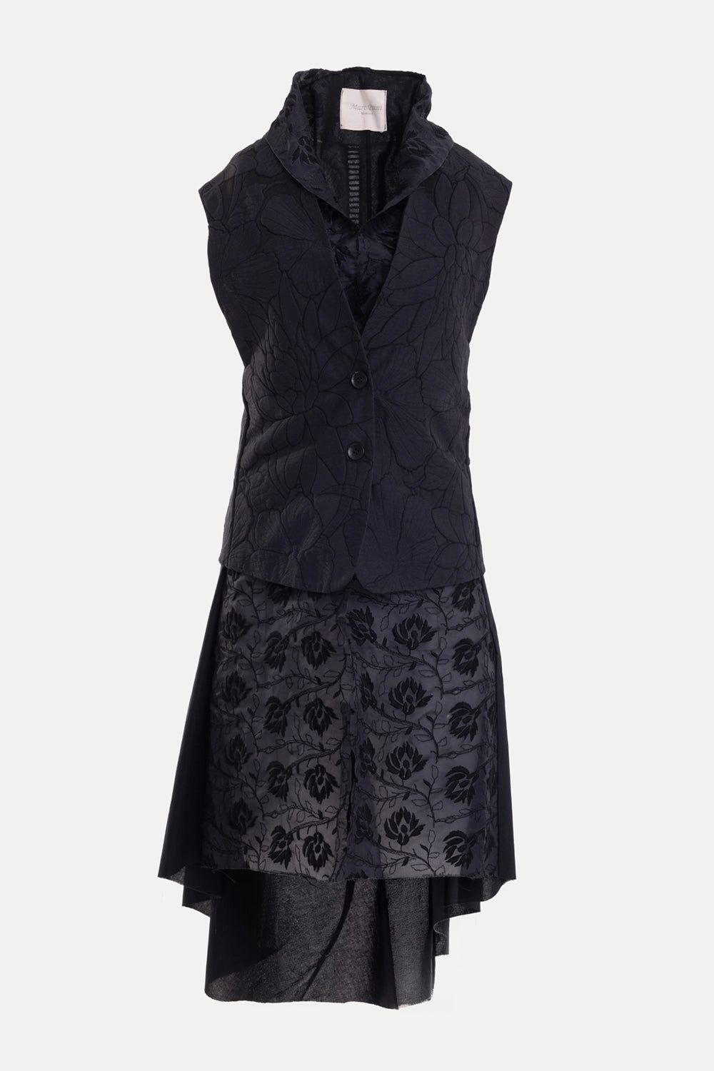 Chika Kisada women's midi dress in black and white, front view, two-button vest and layered skirt