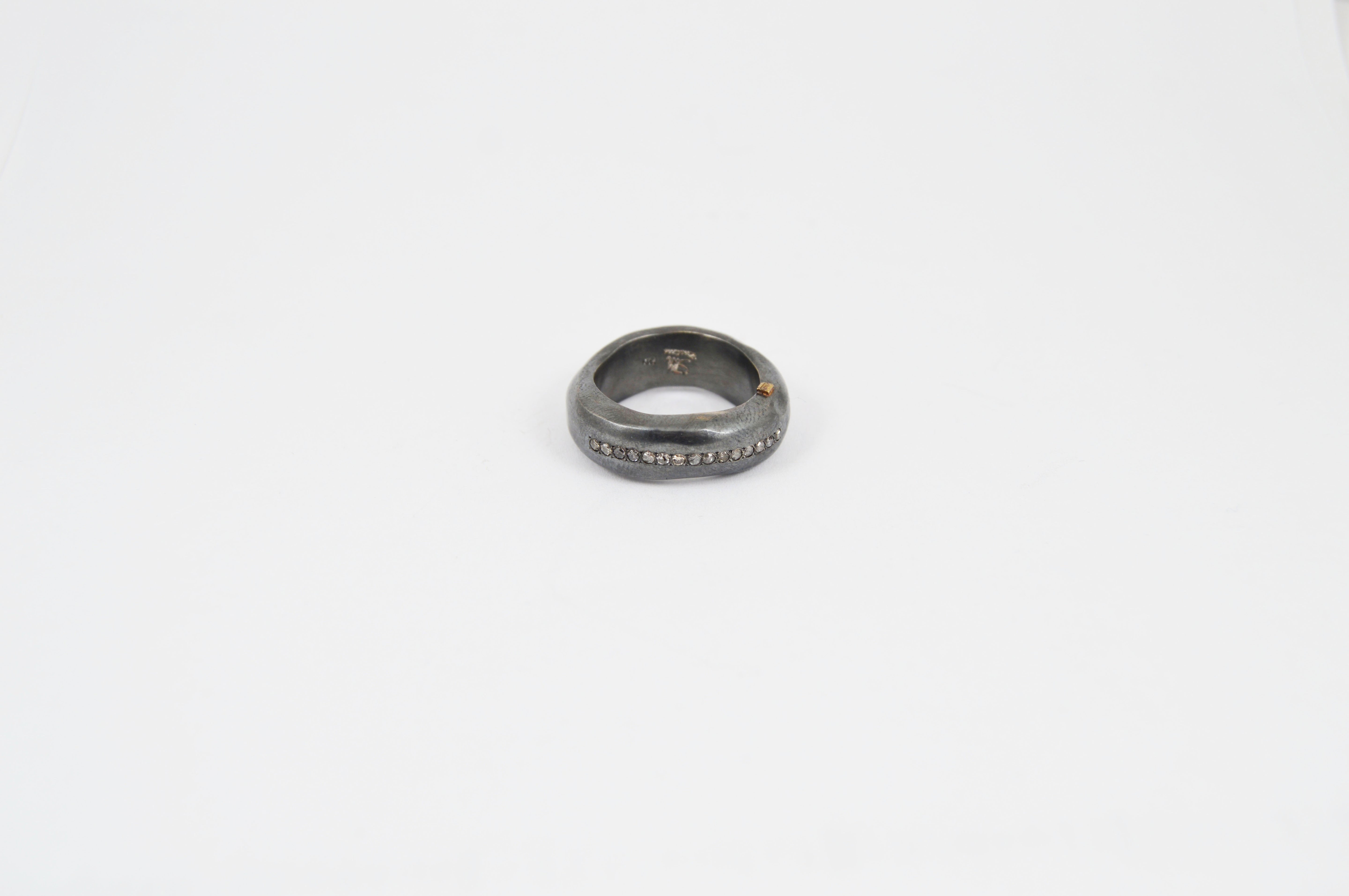 Rosa Maria Dawn Ring, silver with icy grey diamonds, showcasing raw organic texture in a front view.