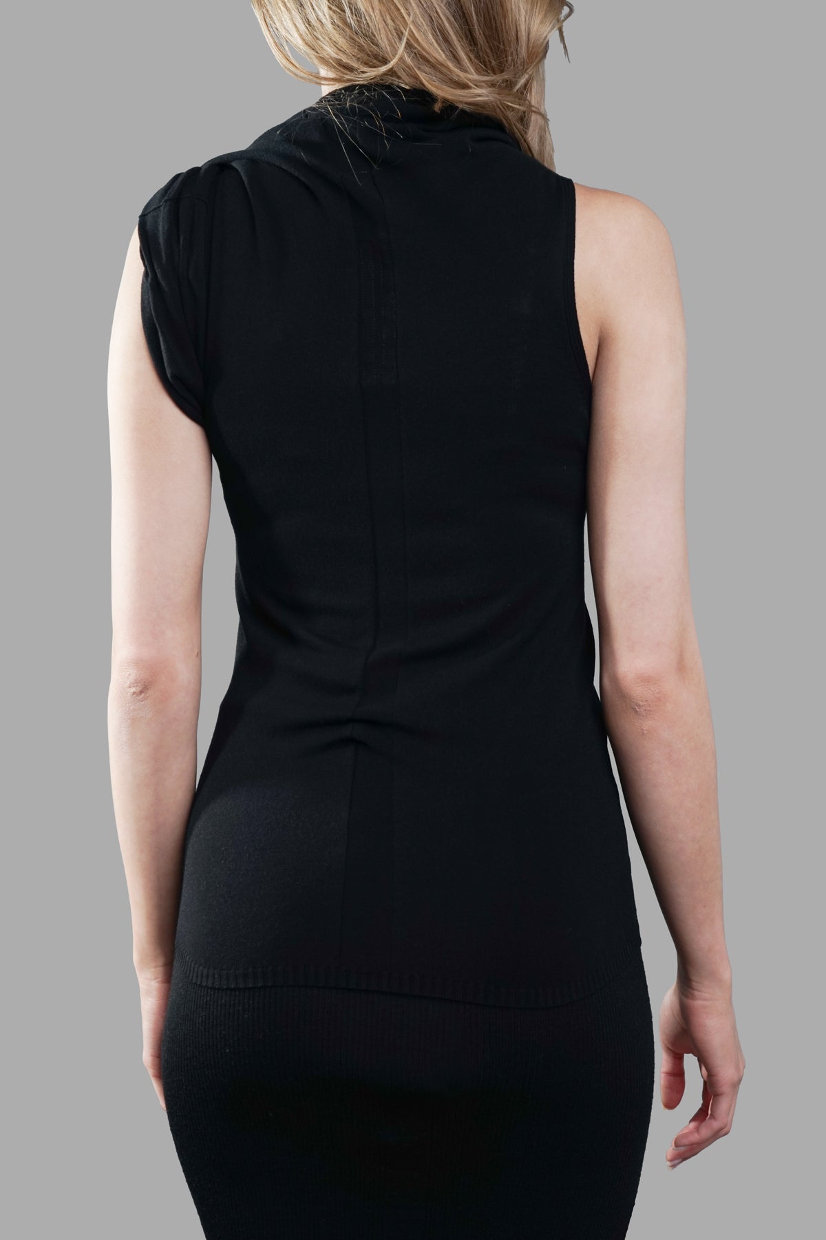 Rick Owens High-neck Knitted Top, black, sleeveless design with twist detailing, viewed from the back, showcasing fine knit.