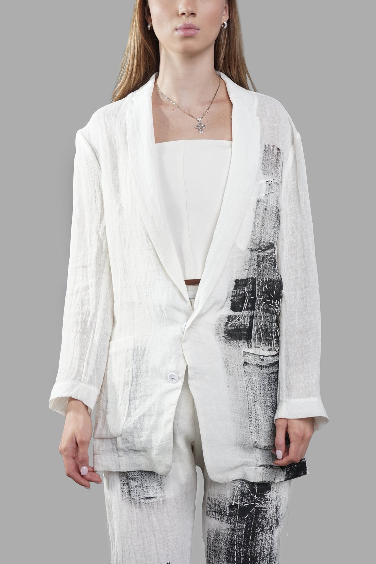 Giovanni Cavagna Painted Blazer displayed on model, featuring abstract-print detail, crafted from lightweight linen.