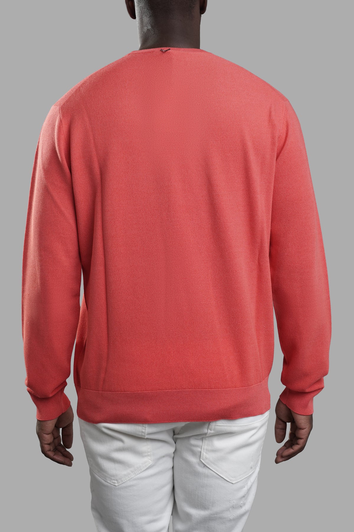 AION Coral Sweater, relaxed-fit in soft coral, showcasing a round neck and ribbed cuffs for a modern, versatile style.