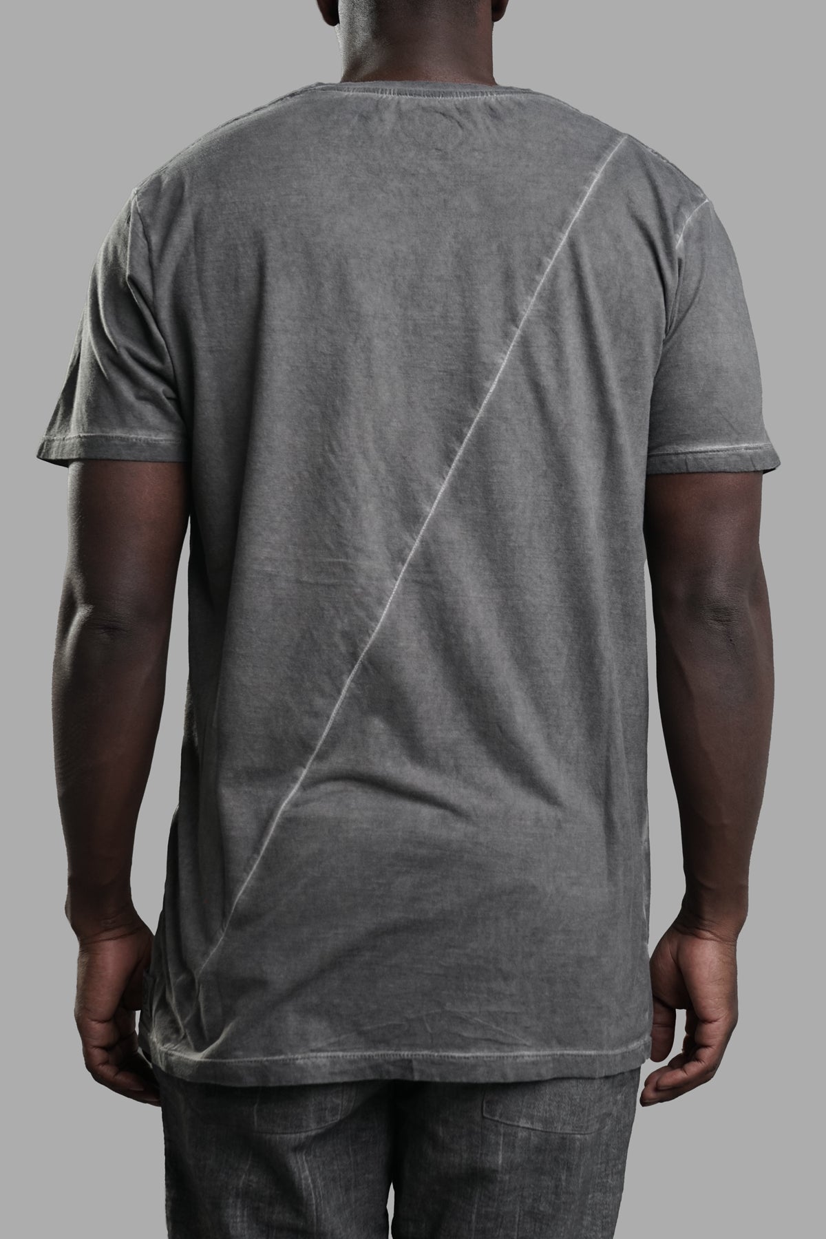 Marc Point Graphic T-shirt in grey, showcasing the relaxed fit and soft cotton texture from a back view.