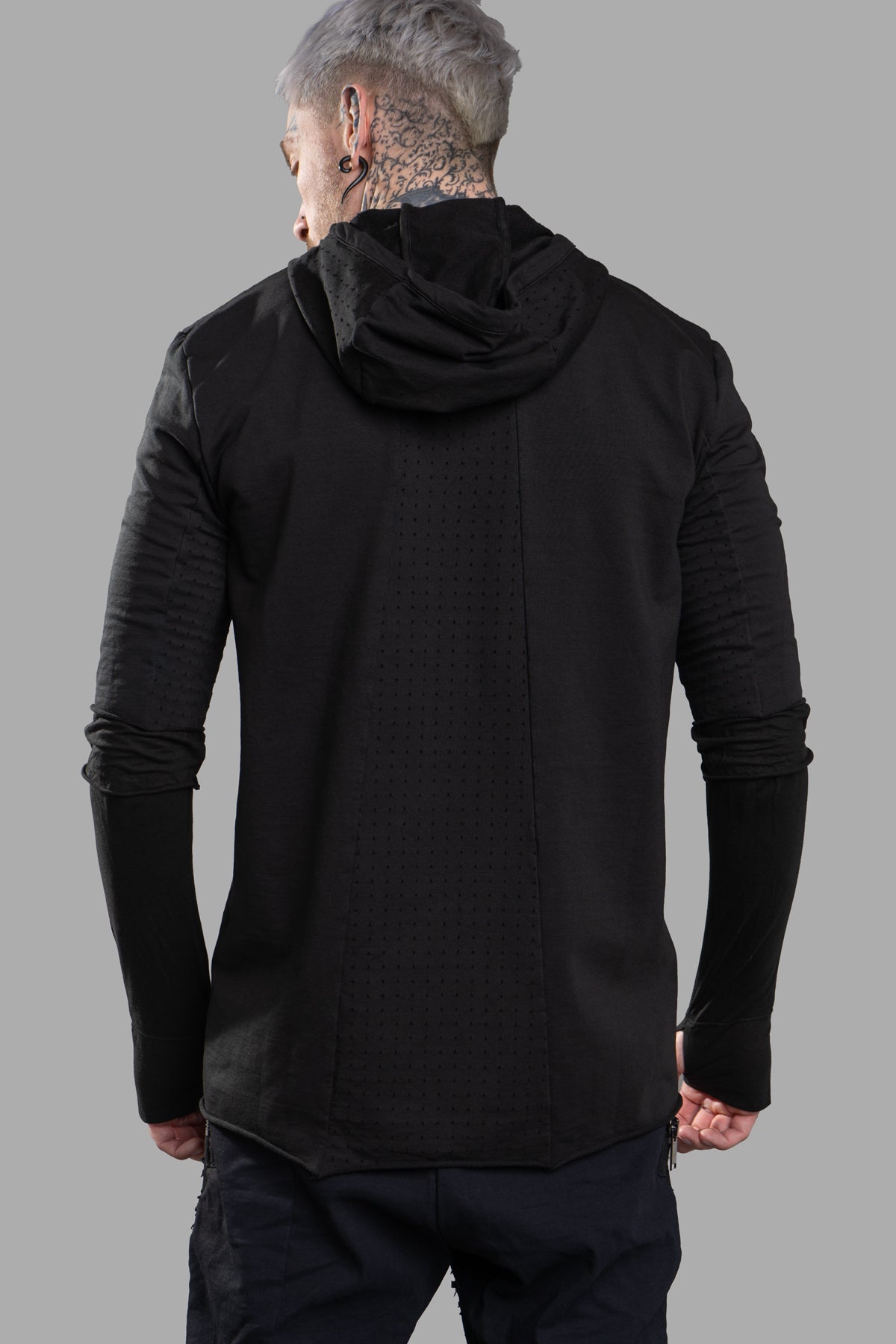 Masnada Layered Hoodie displayed from the back, featuring a unique layered design in soft black cotton jersey.