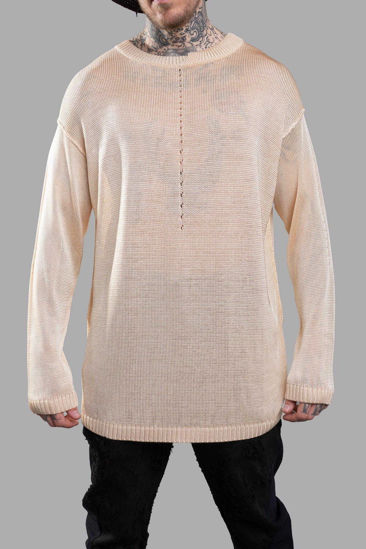 Giovanni Cavagna See-through Sweater in beige, showcasing a lightweight knit, round neckline, and long sleeves.