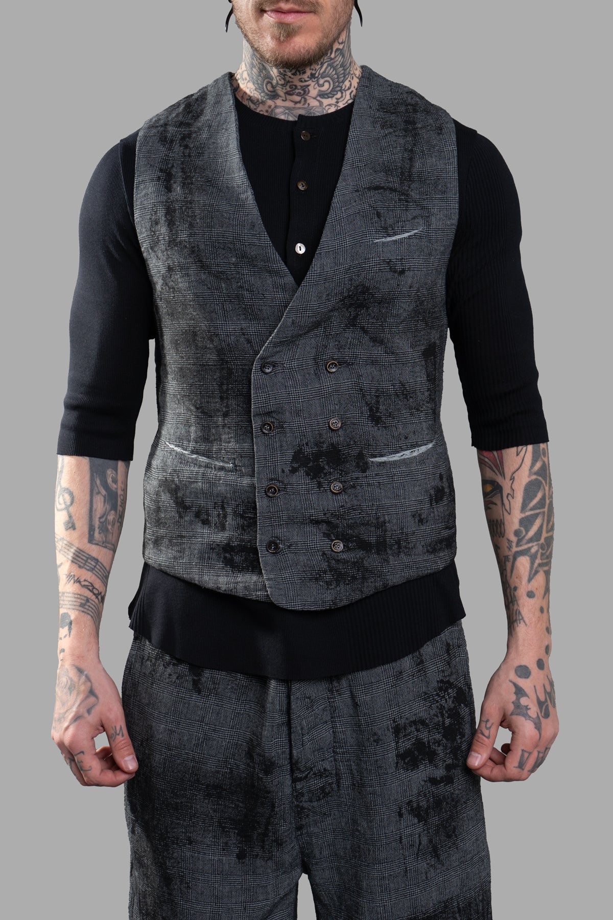 Marc Point Double-breasted Vest in grey, featuring a front view with a textured abstract pattern and two-button fastening.