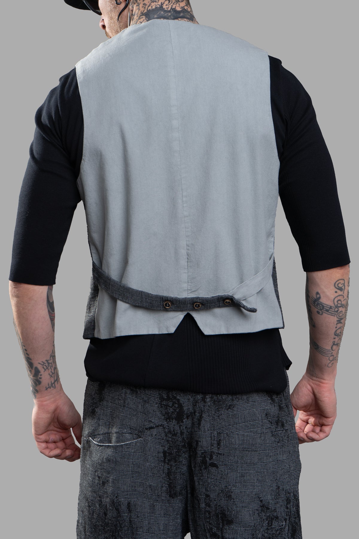 Marc Point Double-breasted Vest in grey, showcasing back view with adjustable strap and chic linen texture.