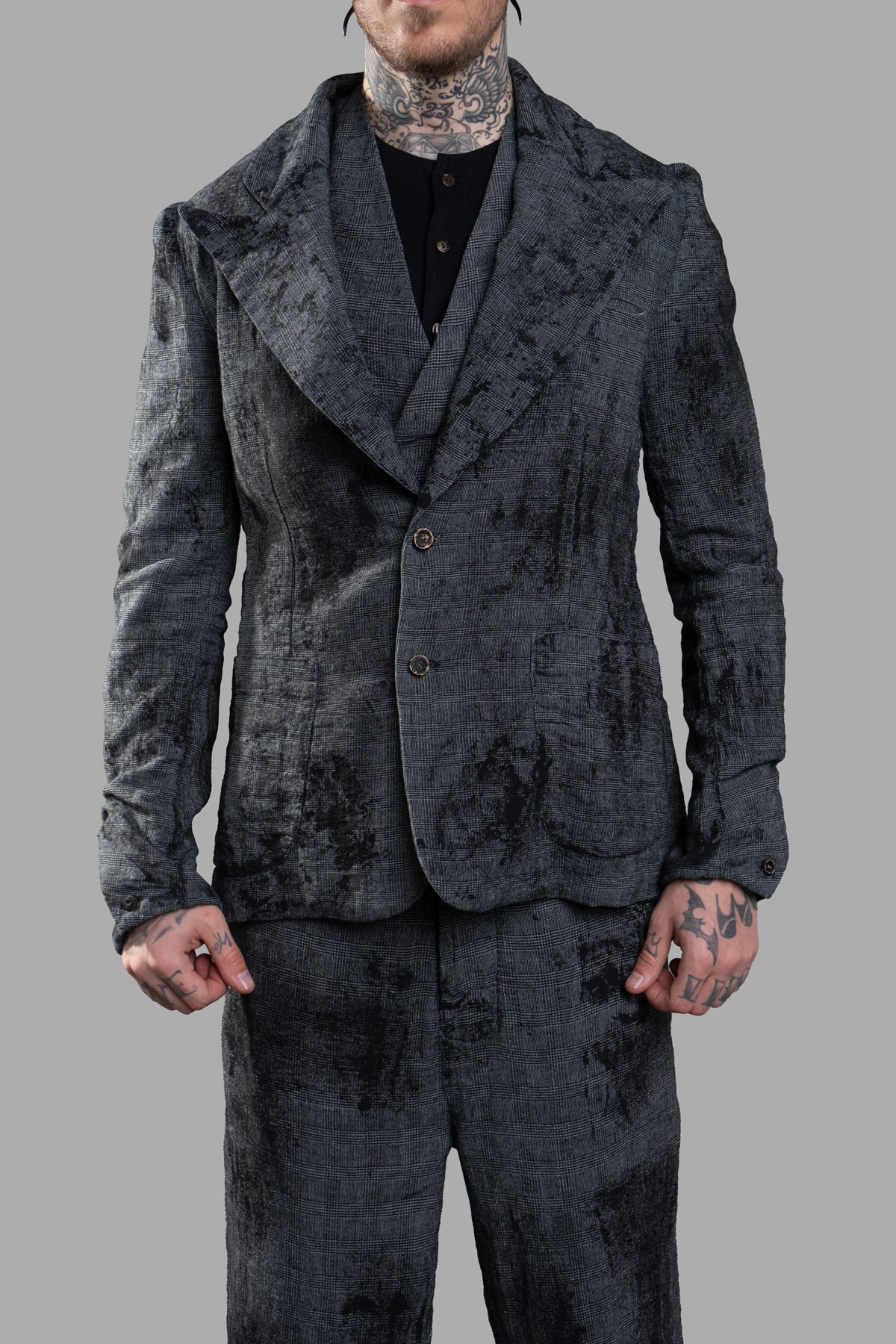 Marc Point Single-breasted Linen Blazer in grey, featuring an abstract pattern and notched lapels, shown on model.
