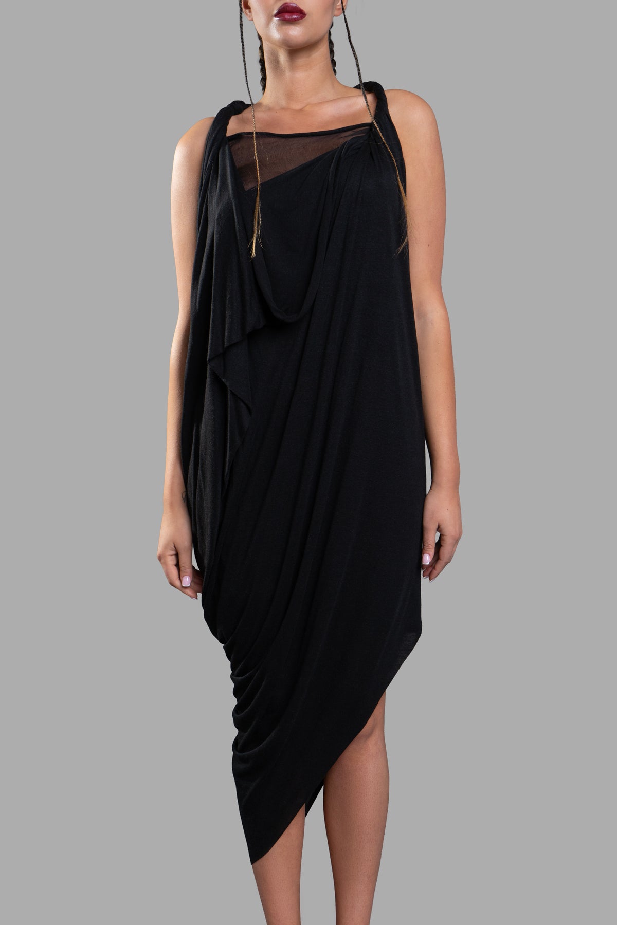 Giovanni Cavagna Asymmetric Dress showcased on model, featuring unique draped design and lightweight black fabric.
