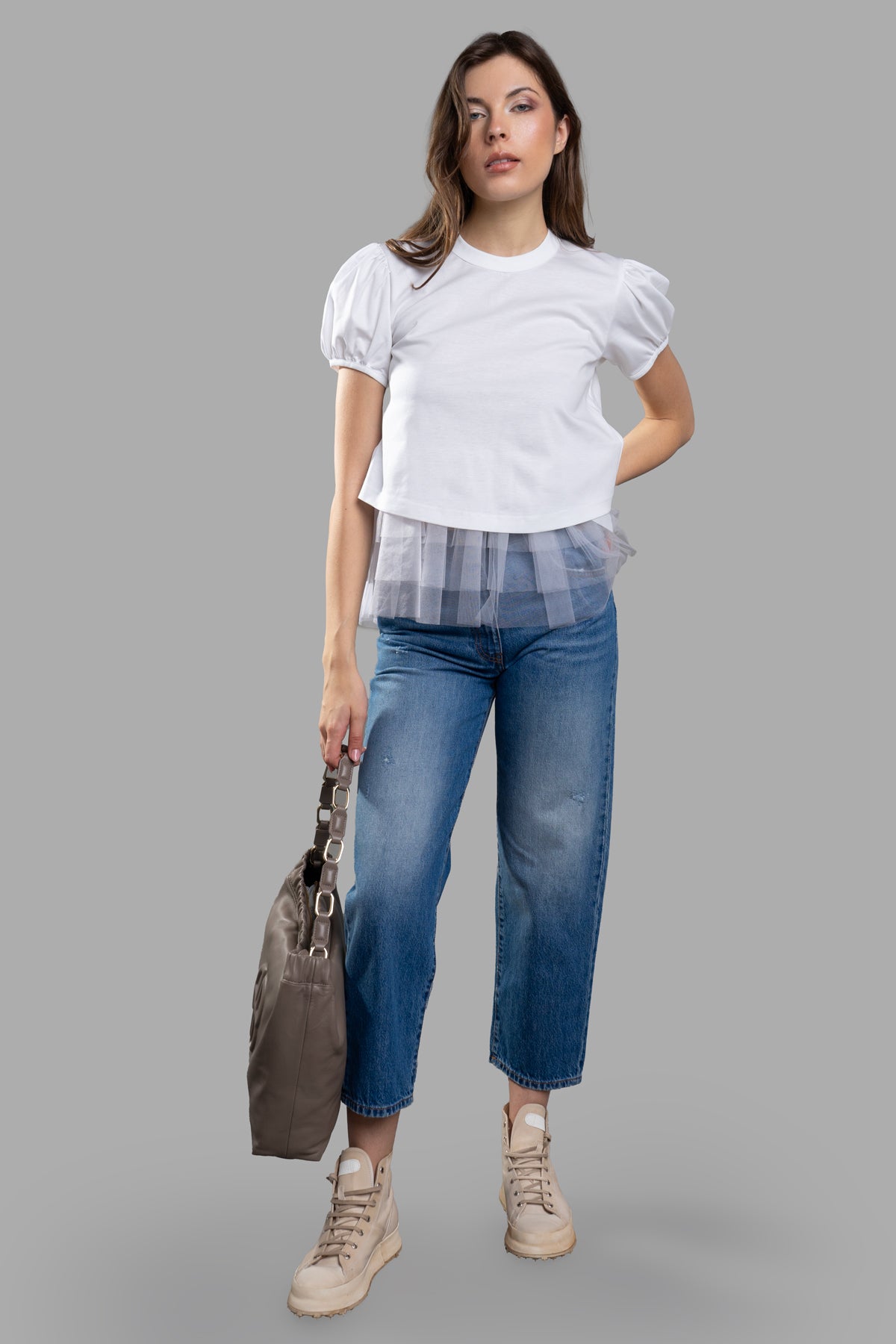 MSGM Cropped Wide-leg Jeans, front view on model, blue denim, styled with white top and beige boots.