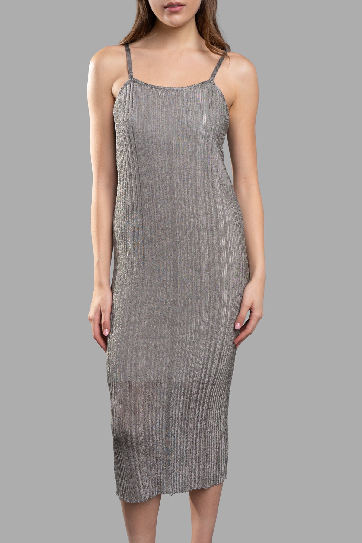 Gentry Portofino Lame-Knit Dress, showcasing adjustable straps and a square neckline in chic bronze textured fabric.