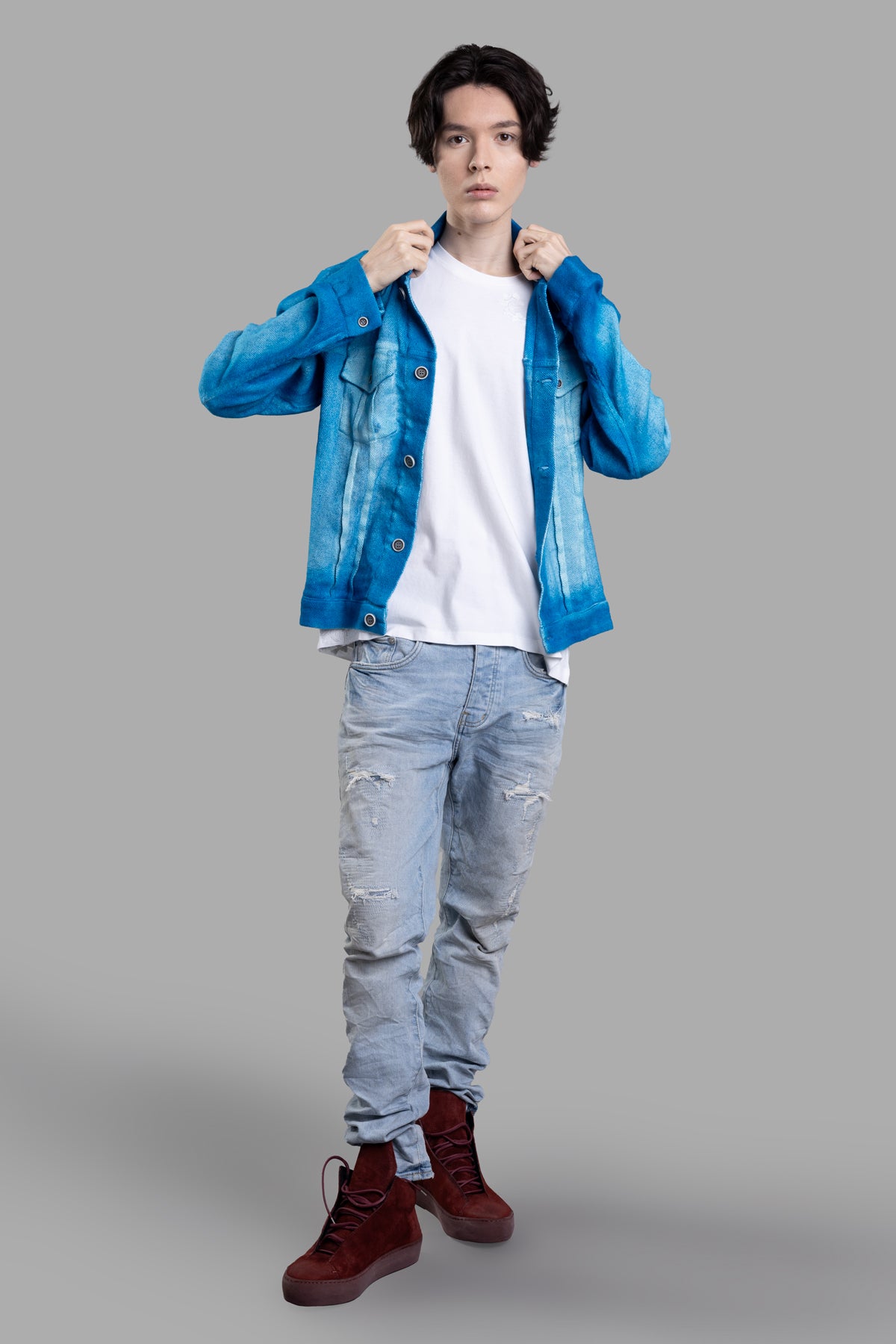 Avant Toi Blue Textured Jacket, front view on-model, showcasing collar detail. Image 1.