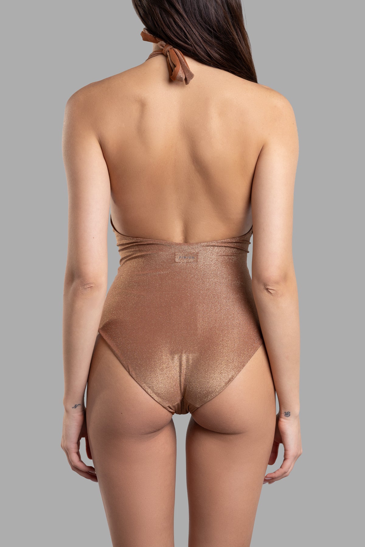 Fisico Ruched One-piece Swimsuit in Tabacco, showcasing open back and self-tie halterneck from the rear view.