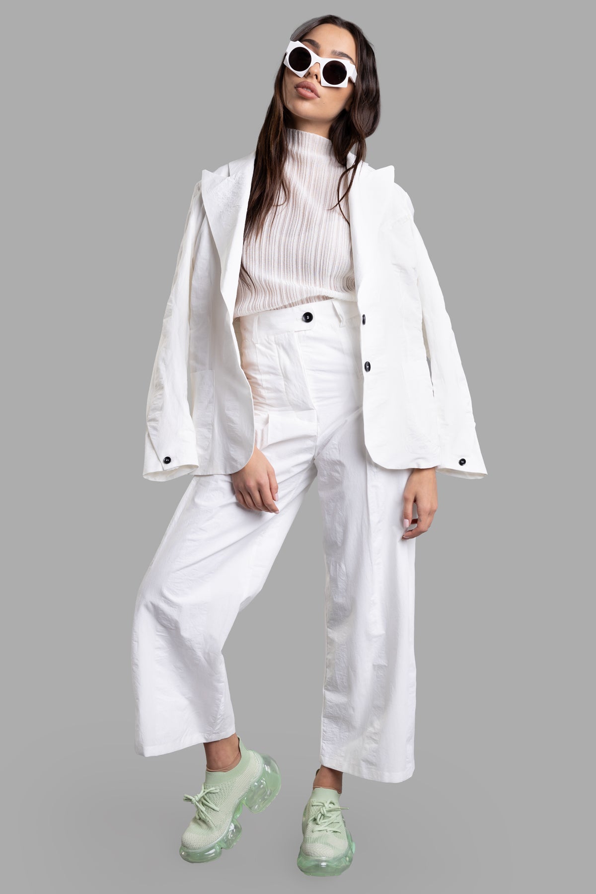 Marc Point Crinkled Cotton Blazer in white on-model, showing front view with contrasting buttons and side patch pockets.