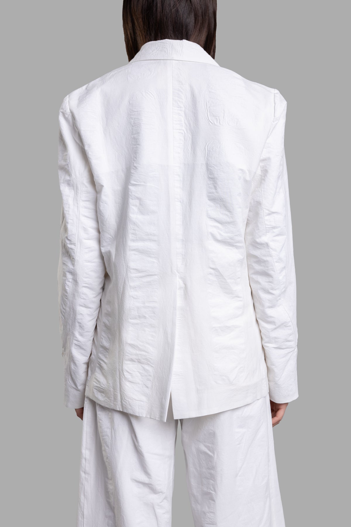 Marc Point Crinkled Cotton Blazer shown from the back, highlighting its textured fabric and sleek design details.